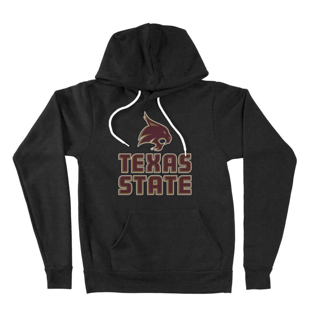 Mock up of Black Texas State Hooded Sweatshirt on white background laying flat
