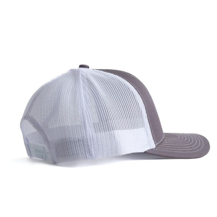 Side profile of Nudge Printing Grey and White Trucker Hat