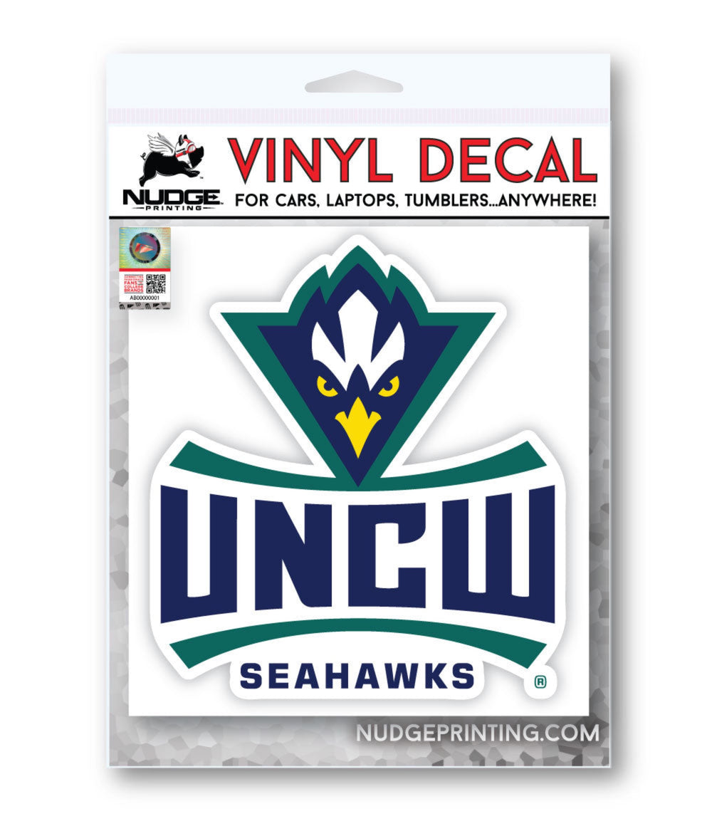 UNC Wilmington Seahawks Sammy C Hawk Stacked Logo Car Decal Sticker in packaging. A University of North Carolina Wilmington sticker also looks great on windows, laptops, water bottles, corn hole boards, coolers, anywhere! Perfect for UNCW fanatics.