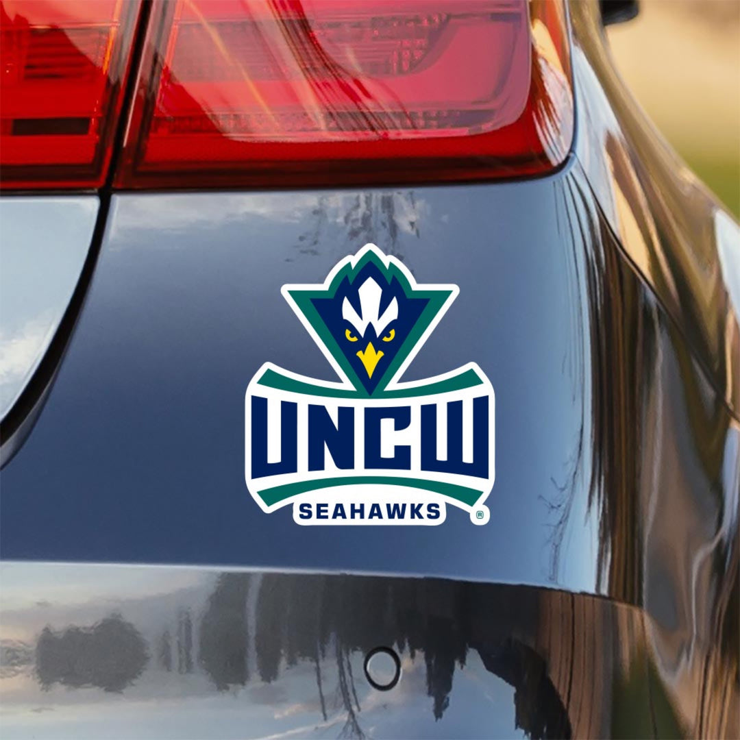 UNC Wilmington Seahawks Sammy C Hawk Stacked Logo Car Decal Sticker on car Bumper. A University of North Carolina Wilmington sticker also looks great on windows, laptops, water bottles, corn hole boards, coolers, anywhere! Perfect for UNCW fanatics.