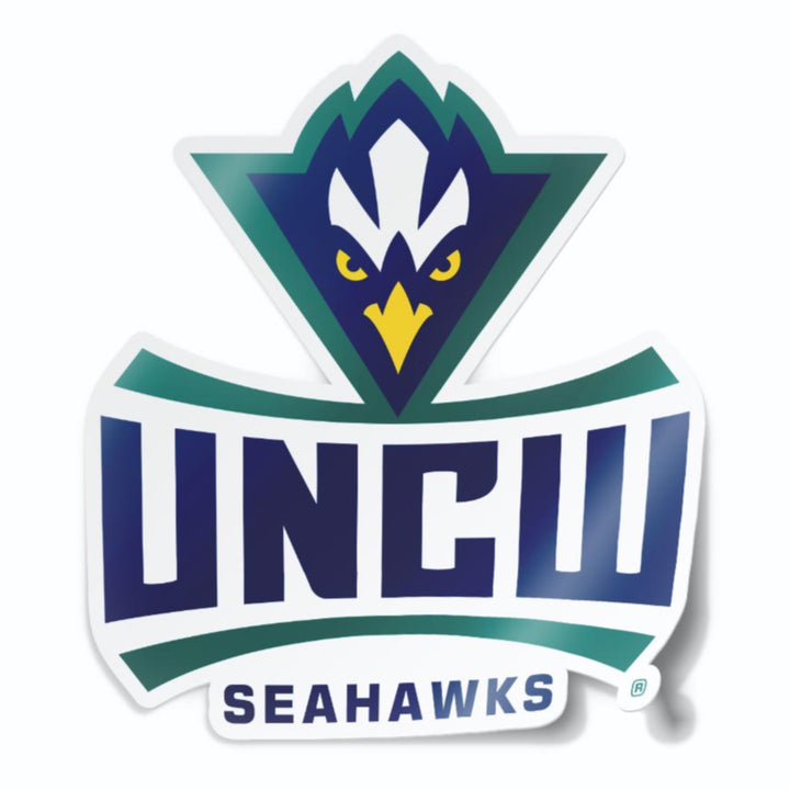 UNC Wilmington Seahawks Sammy C Hawk Stacked Logo Car Decal Sticker. A University of North Carolina Wilmington sticker also looks great on windows, laptops, water bottles, corn hole boards, coolers, anywhere! Perfect for UNCW fanatics.