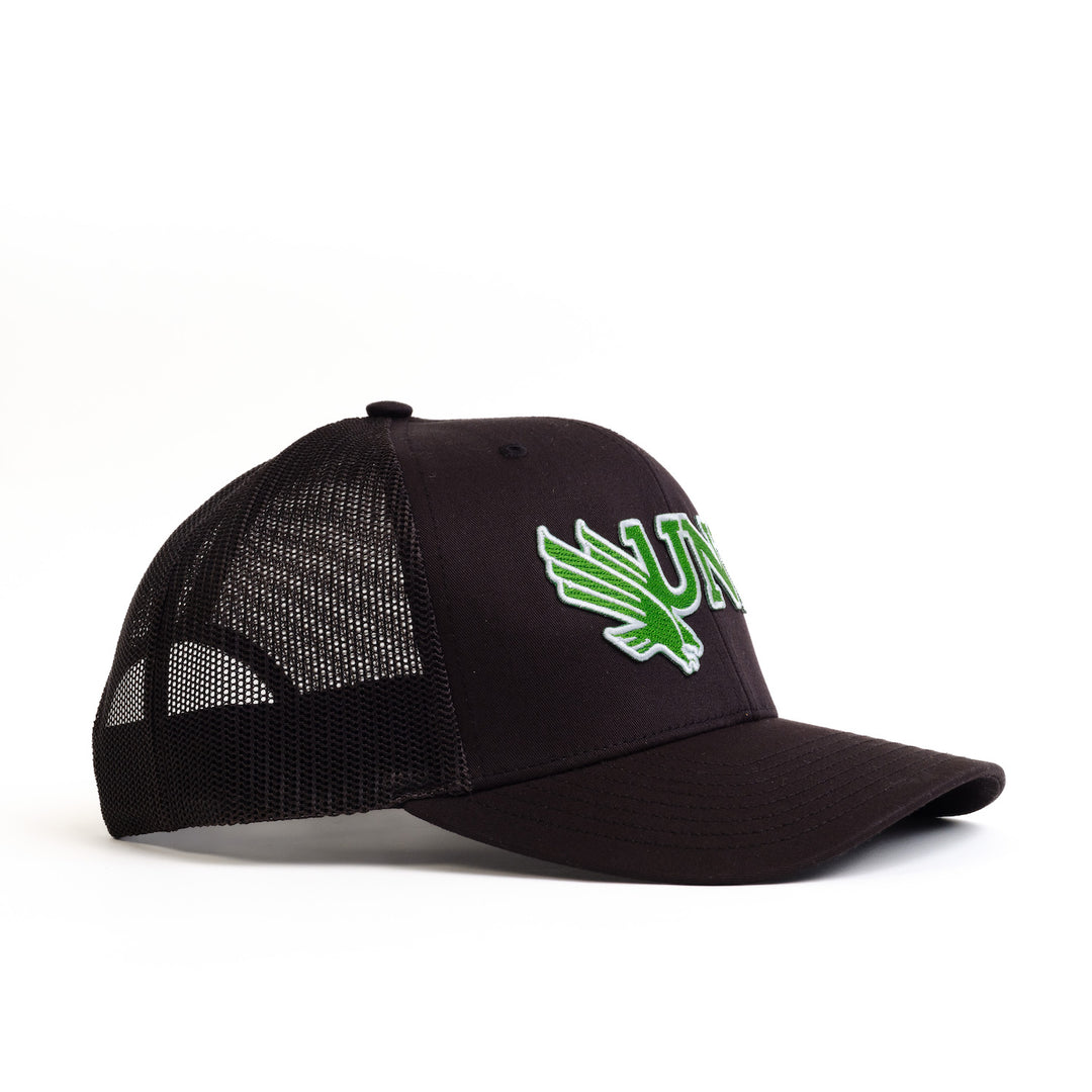 Angled view of black UNT Hat from Nudge printing