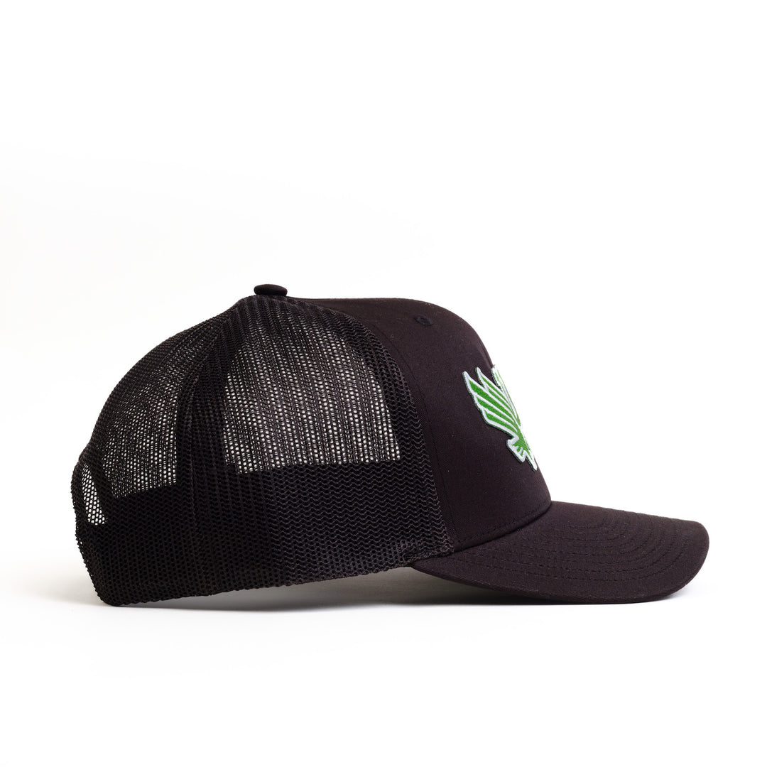 Right Side of Black UNT Trucker Hat