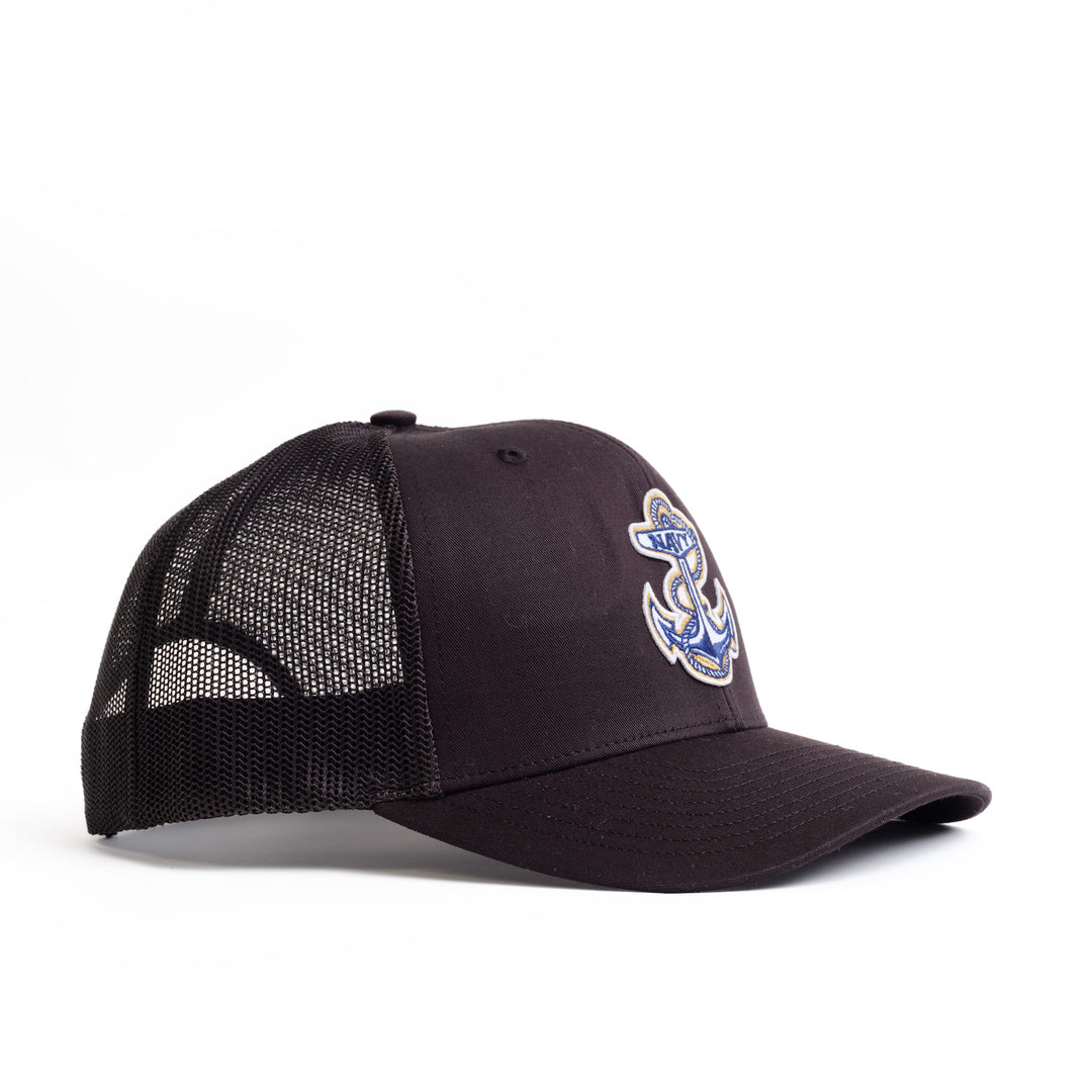 Angled view of US Navy Black Trucker Hat