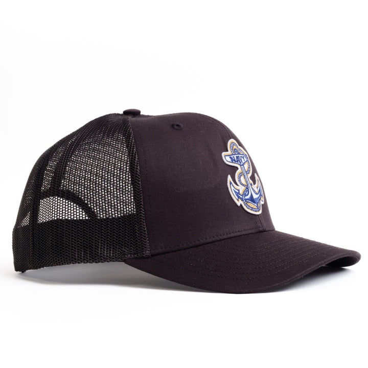 Angled view of US Navy Black Trucker Hat