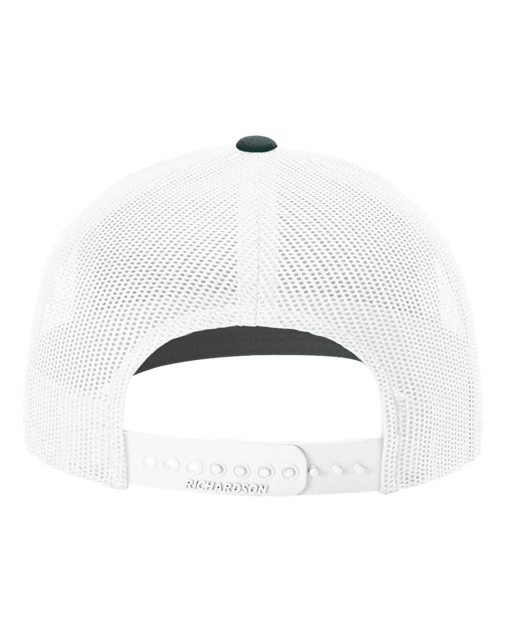 White cap with mesh back and green peak on a white background