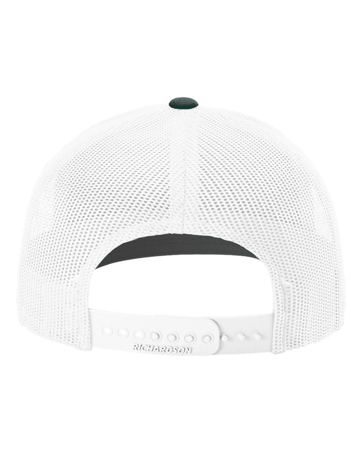 White cap with mesh back and green peak on a white background