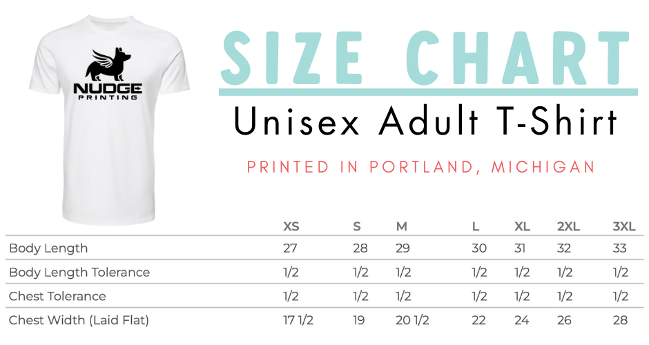 Nudge Printing Size Guide for Super Soft Collegiate NCAA Officially Licensed Shirts Tees T-shirts T-Shirts