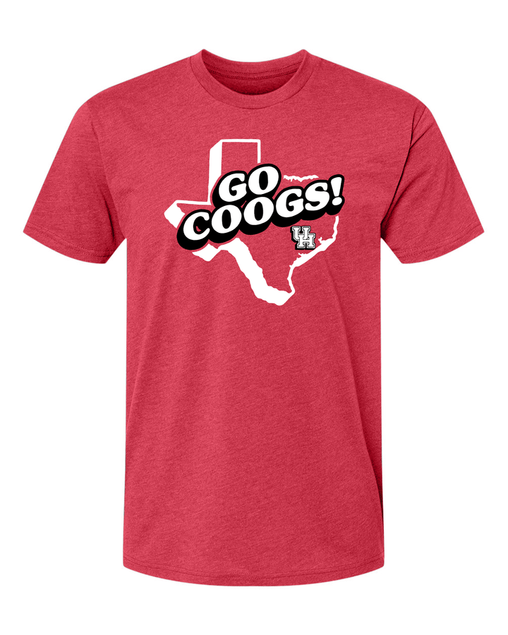 Red University of Houston unisex t-shirt with "Go Coogs!" printed on the chest in white and red ink