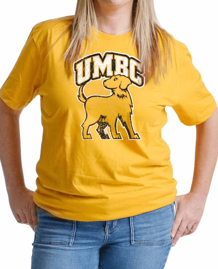 University of Maryland Baltimore County Retrievers Block UMBC and Full Retriever Logo Unisex T-shirt on Female model 