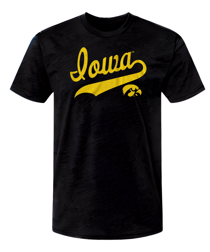Iowa Cursive Script Black T Shirt Close Mock up