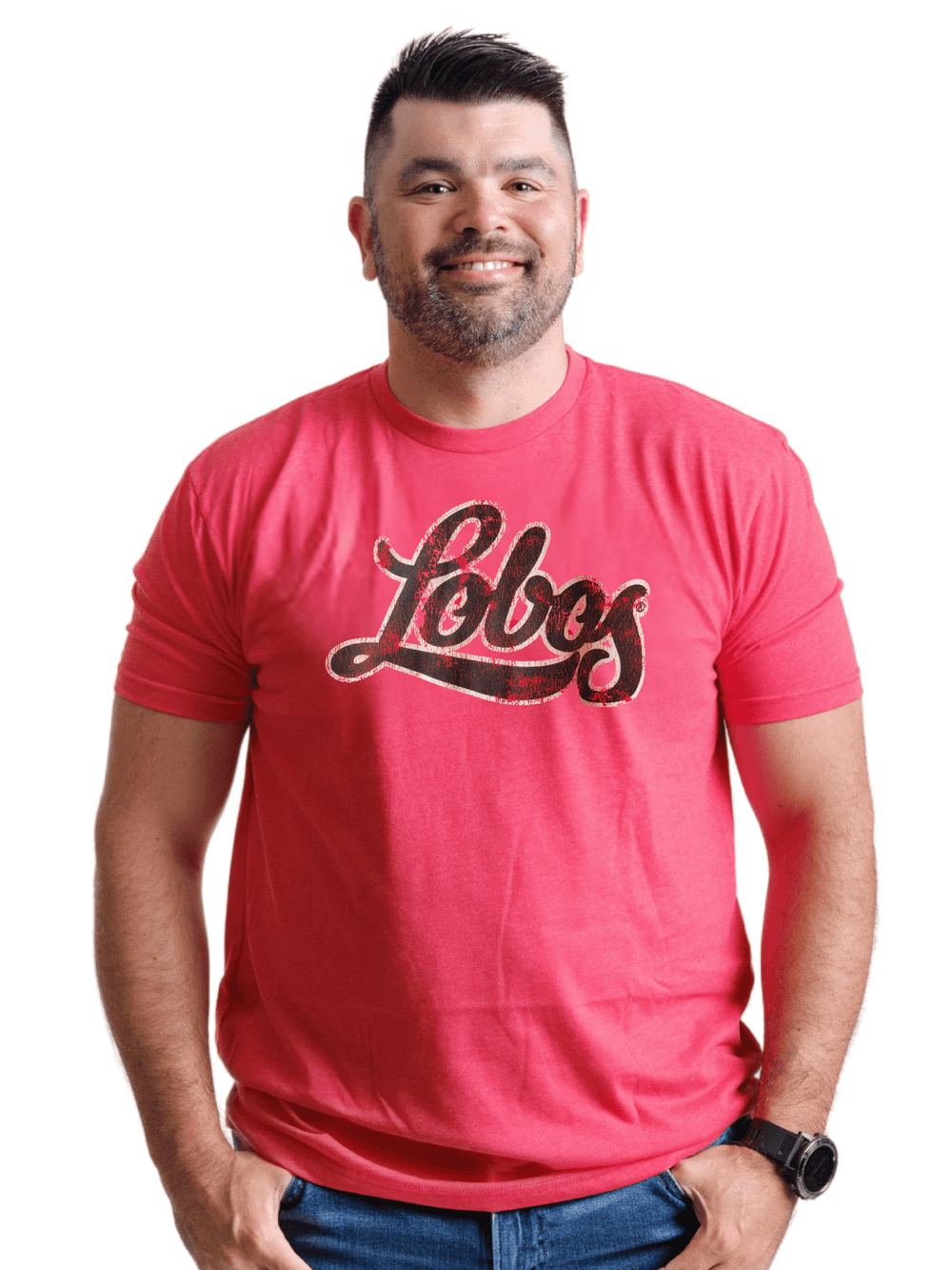 University of New Mexico Shirt Lobos Script Logo Red Unisex Tshirt on Male Model