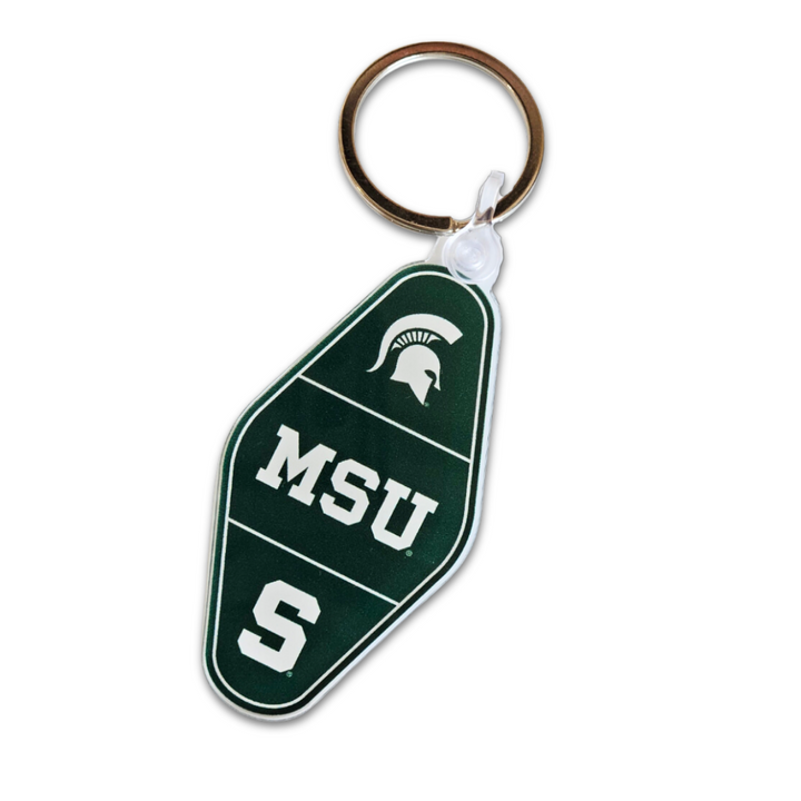 Michigan State University Vintage Hotel Keychain with Spartan Helmet MSU and Block S Logos
