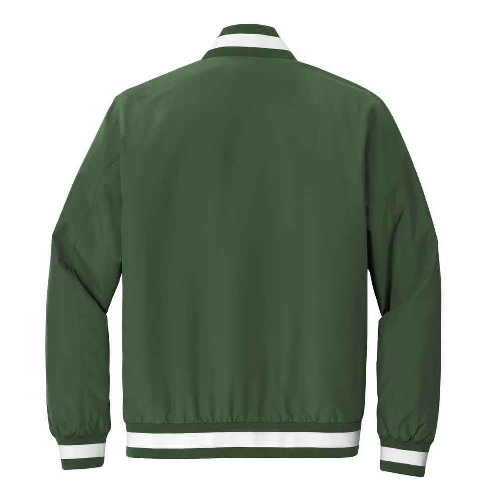 Back view of the green and white varsity jacket from Nudge Printing