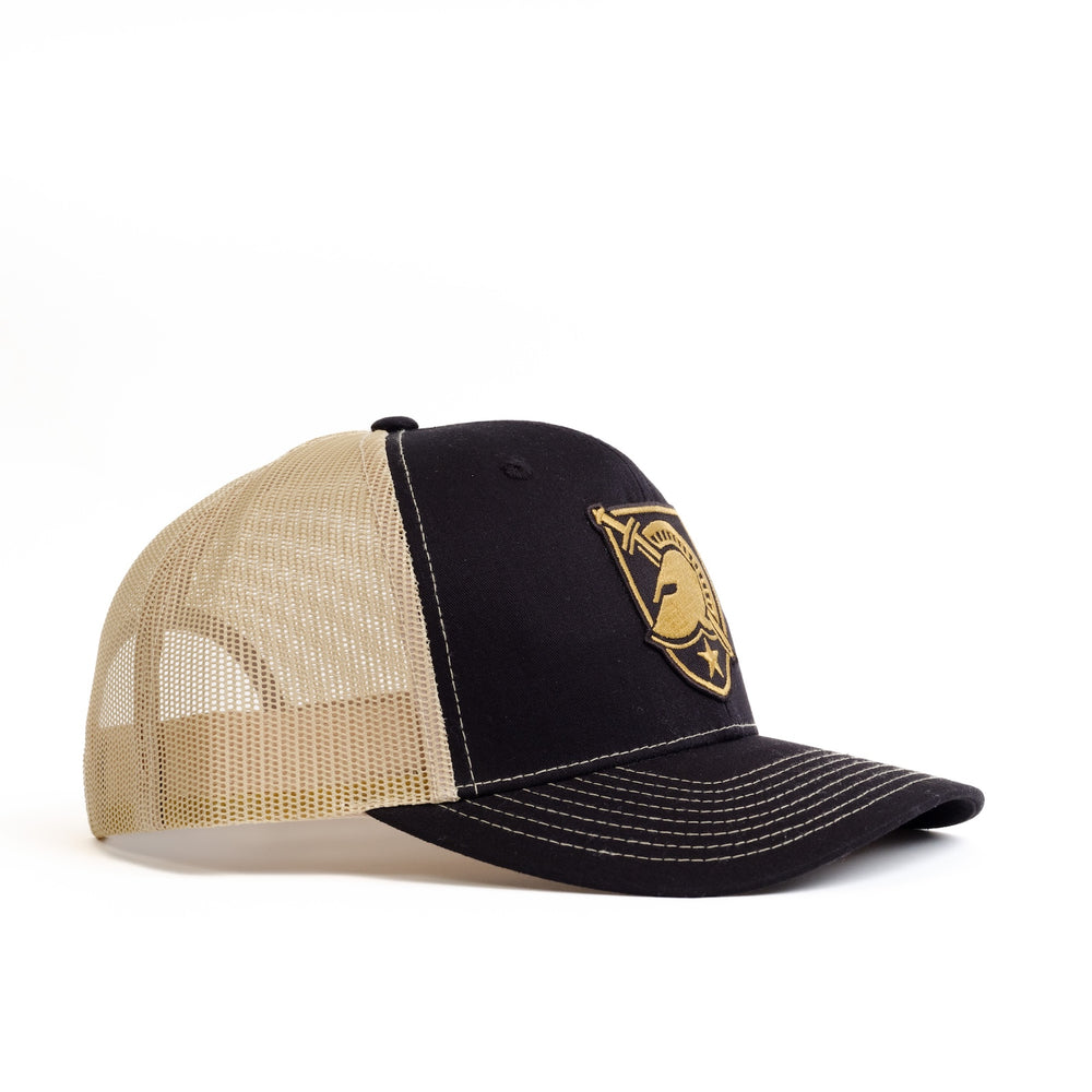 Angled view of West Point Black Knights Black and Gold Trucker Hat