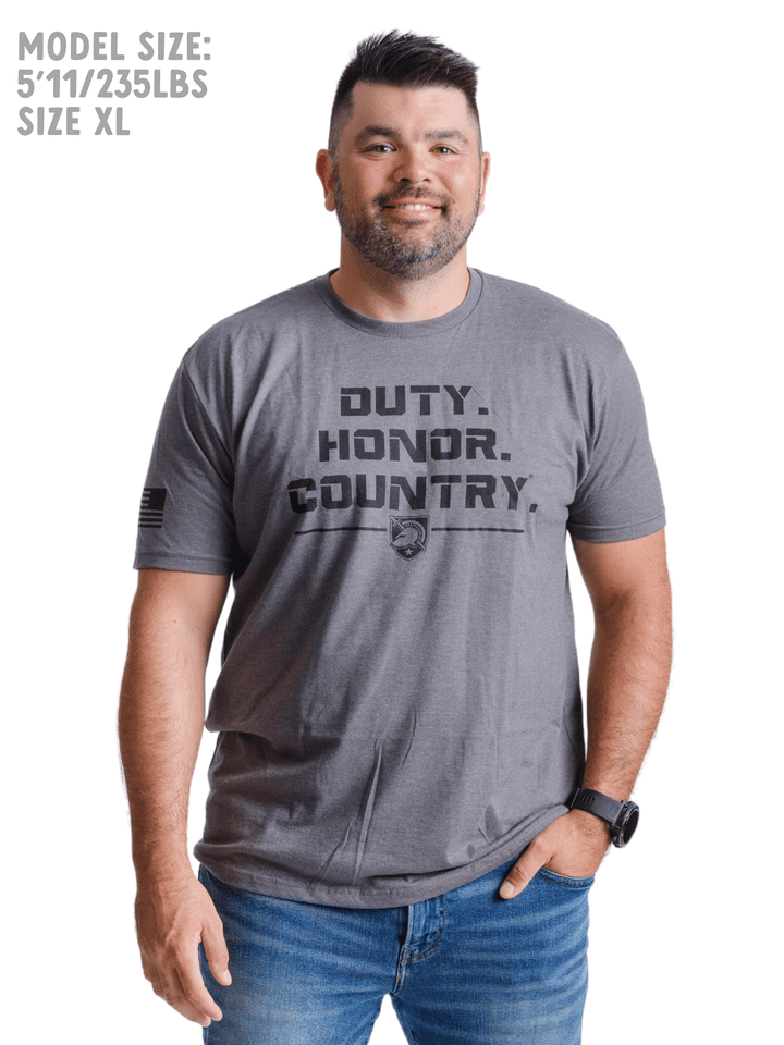 West Point Duty Honor Country in Black Text on Grey Shirt with Flag on Sleeve