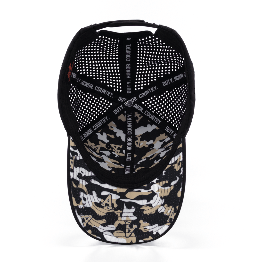 Inside view of the West Point Black Knights black performance hat. Featuring a custom USMA white, black, and tan camo pattern under the bill and front lining. 