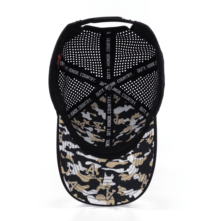 Inside view of the West Point Black Knights black performance hat. Featuring a custom USMA white, black, and tan camo pattern under the bill and front lining. 