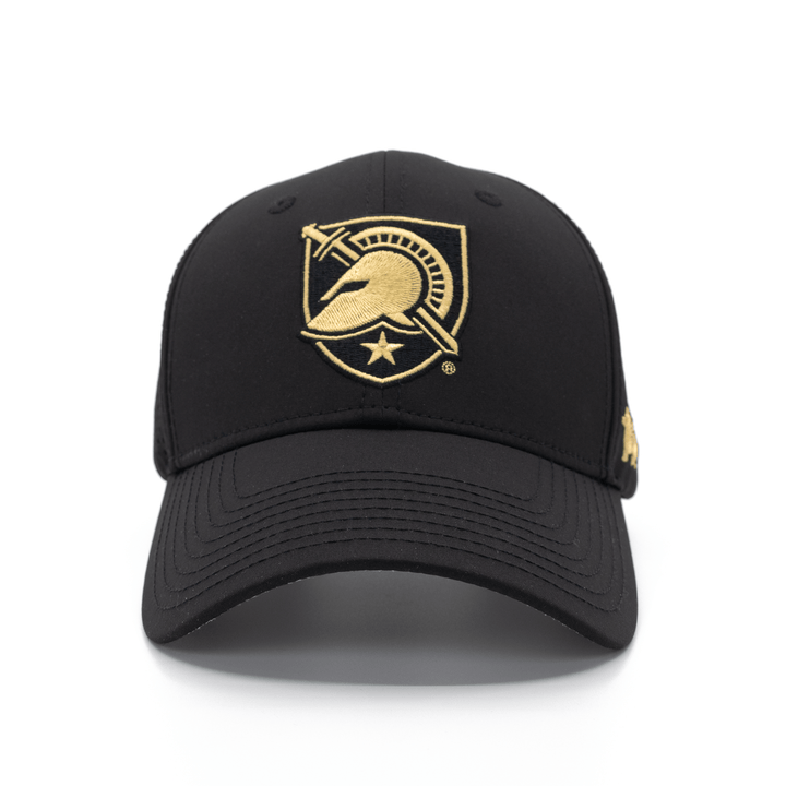 Front view of the West Point Black Knights black performance hat featuring the Shield logo embroidered on the front. 