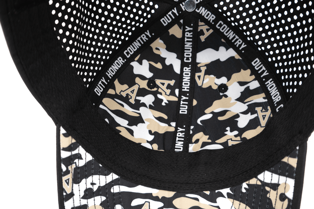 Inside view of the black West Point performance hat with custom branded camo printed lining and under the bill.