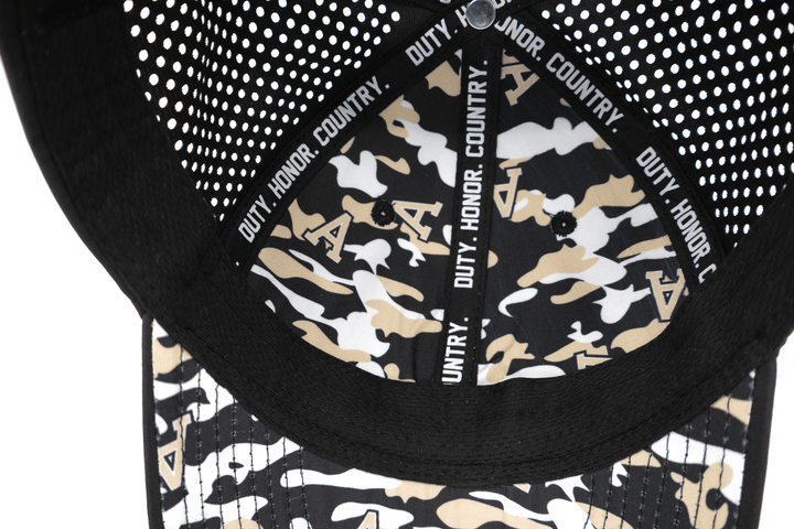 Inside view of the black West Point performance hat with custom branded camo printed lining and under the bill.