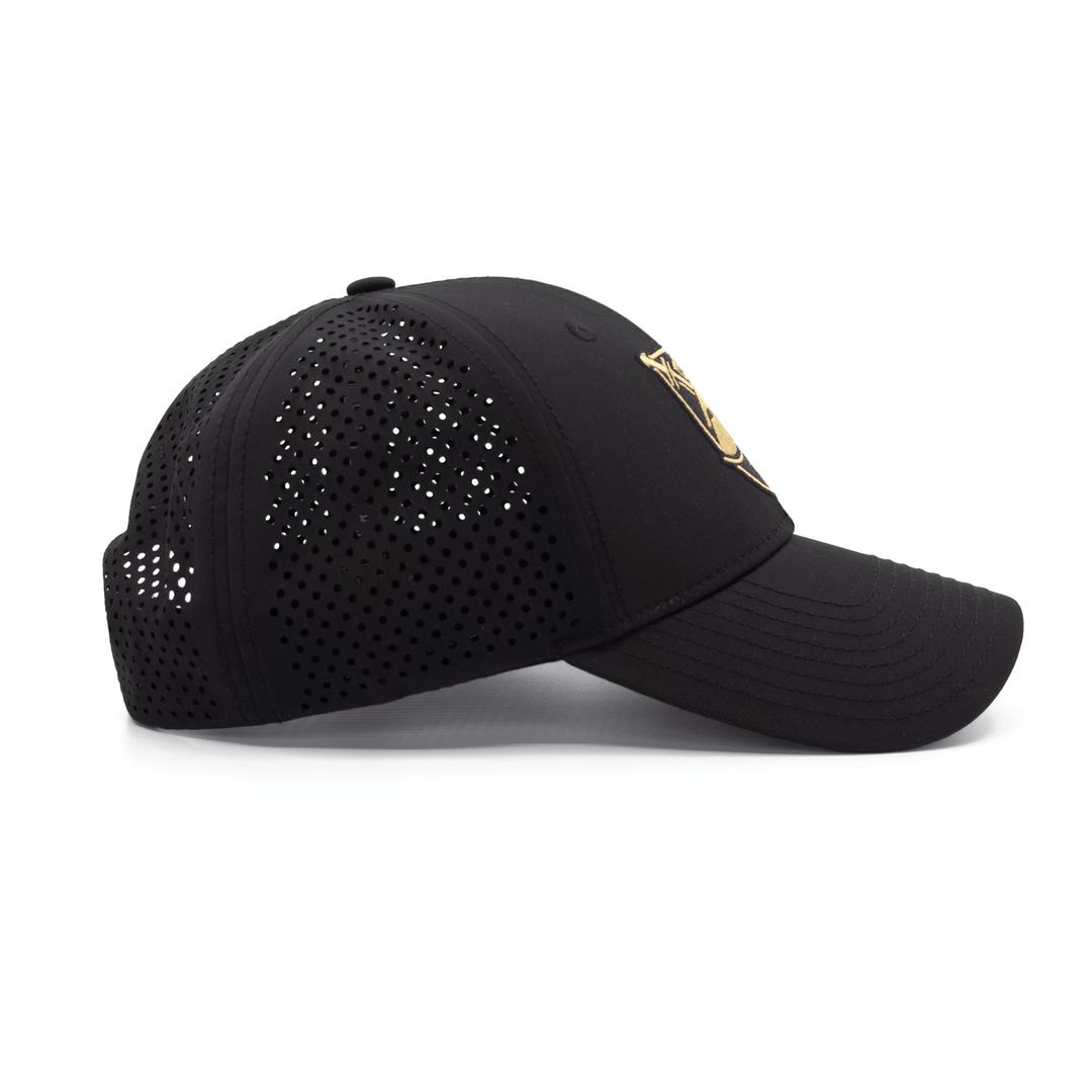 Right side view of a black performance hat for the West Point Black Knights and featuring the Shield Logo embroidered on the front. 