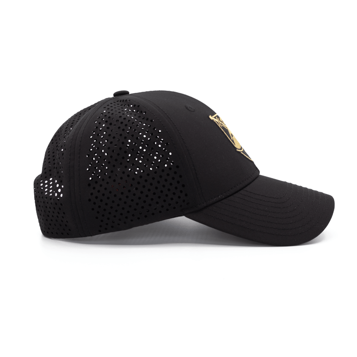 Right side view of a black performance hat for the West Point Black Knights and featuring the Shield Logo embroidered on the front. 