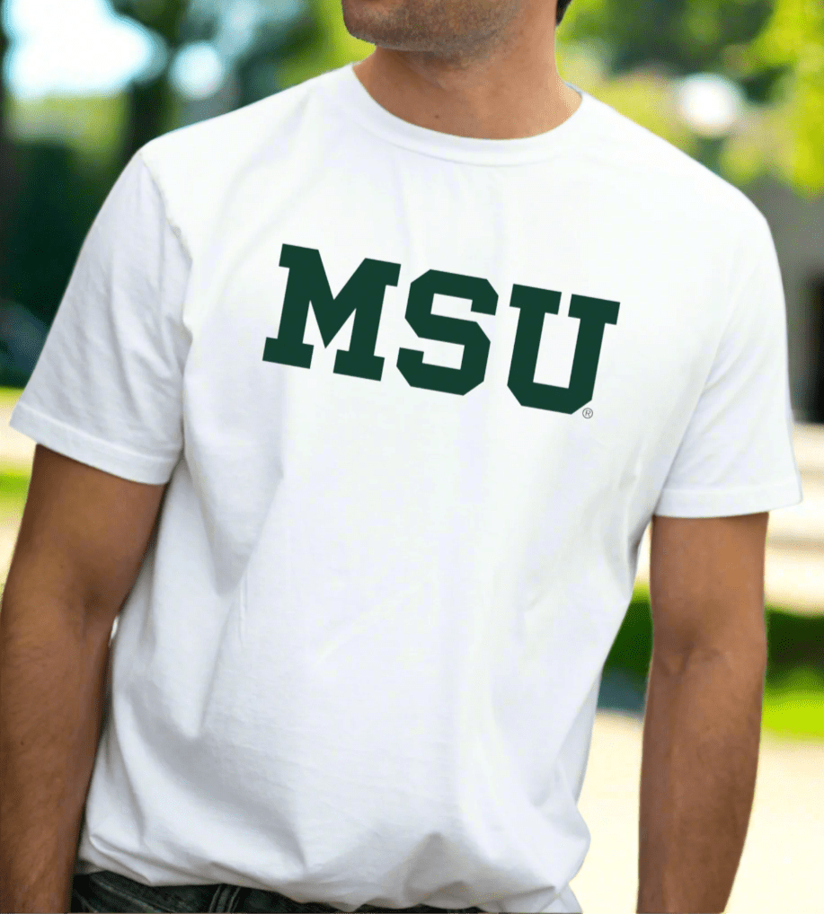 Michigan State White T-shirt on male model standing on campus