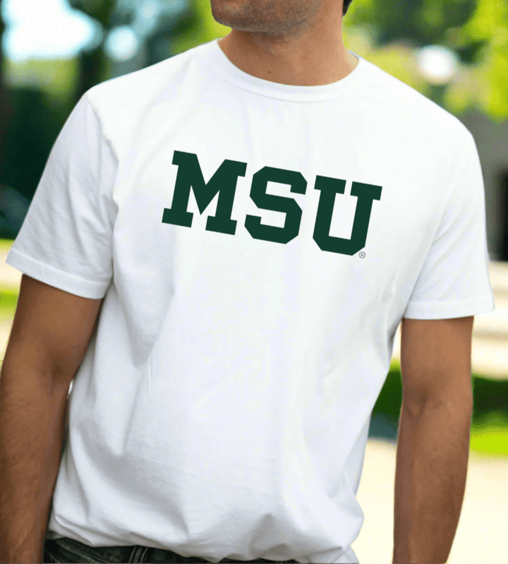 Michigan State White T-shirt on male model standing on campus