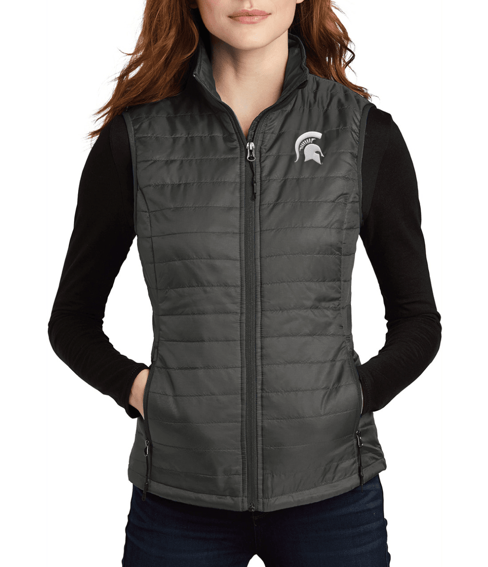 Woman model wearing silver Michigan State vest with Spartan helmet design top right of chest.