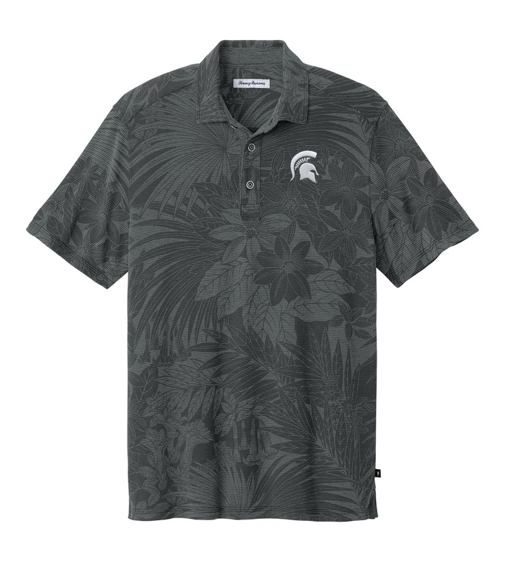 Dark gray polo shirt with leaf pattern and logo on a white background