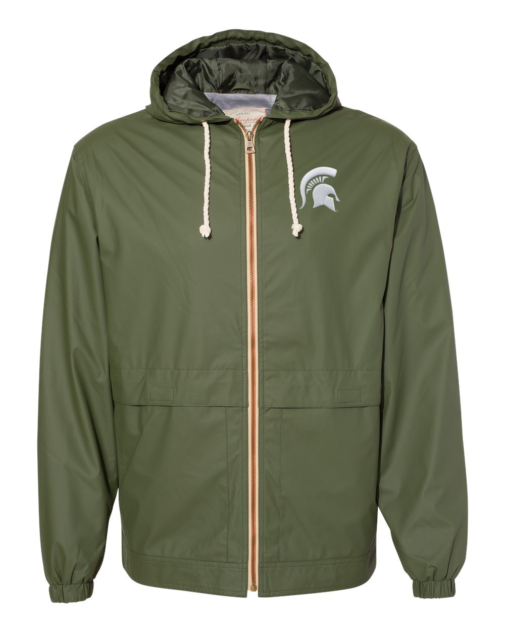 An olive green hooded windbreaker jacket with a front zipper, beige drawstrings, and a white Michigan State Spartans logo on the left chest, shown against a plain white background.