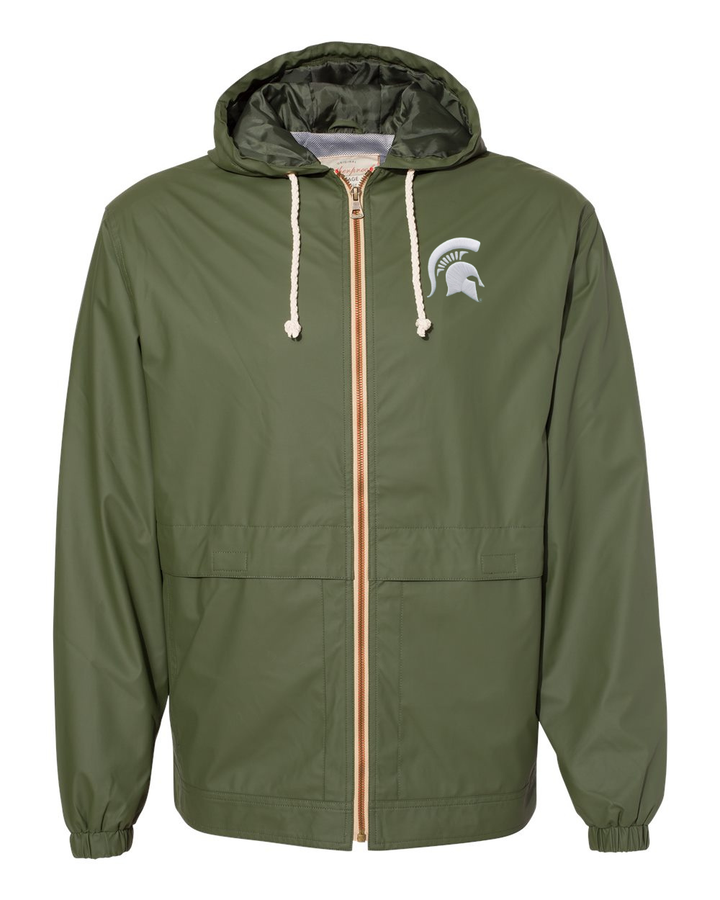 An olive green hooded windbreaker jacket with a front zipper, beige drawstrings, and a white Michigan State Spartans logo on the left chest, shown against a plain white background.