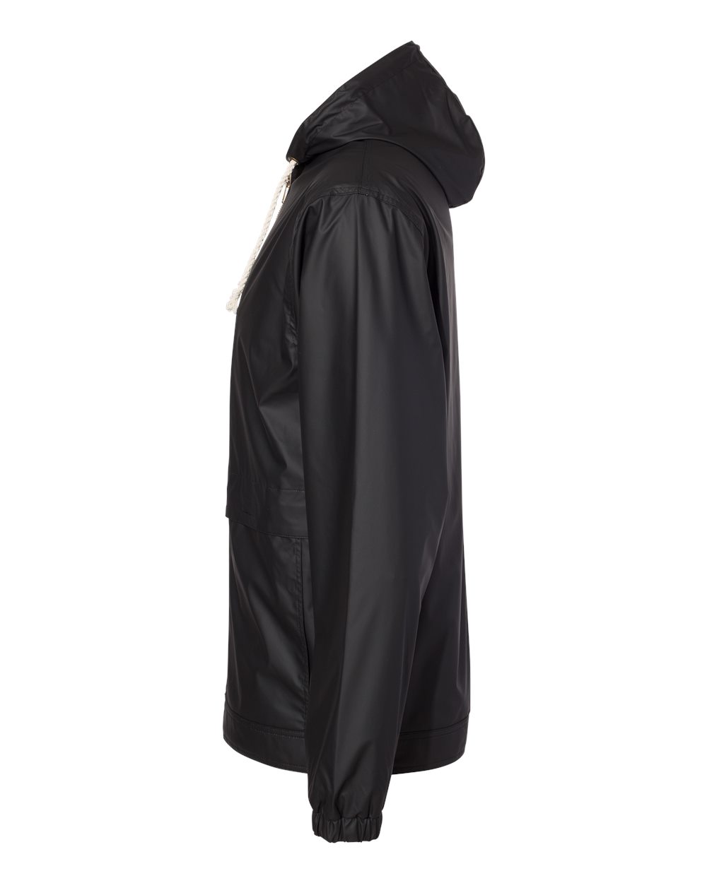 Side profile of black Michigan State heavy hooded raincoat.