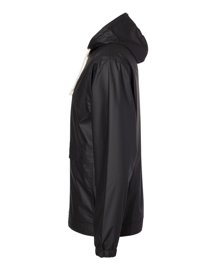 Side profile of black Michigan State heavy hooded raincoat.