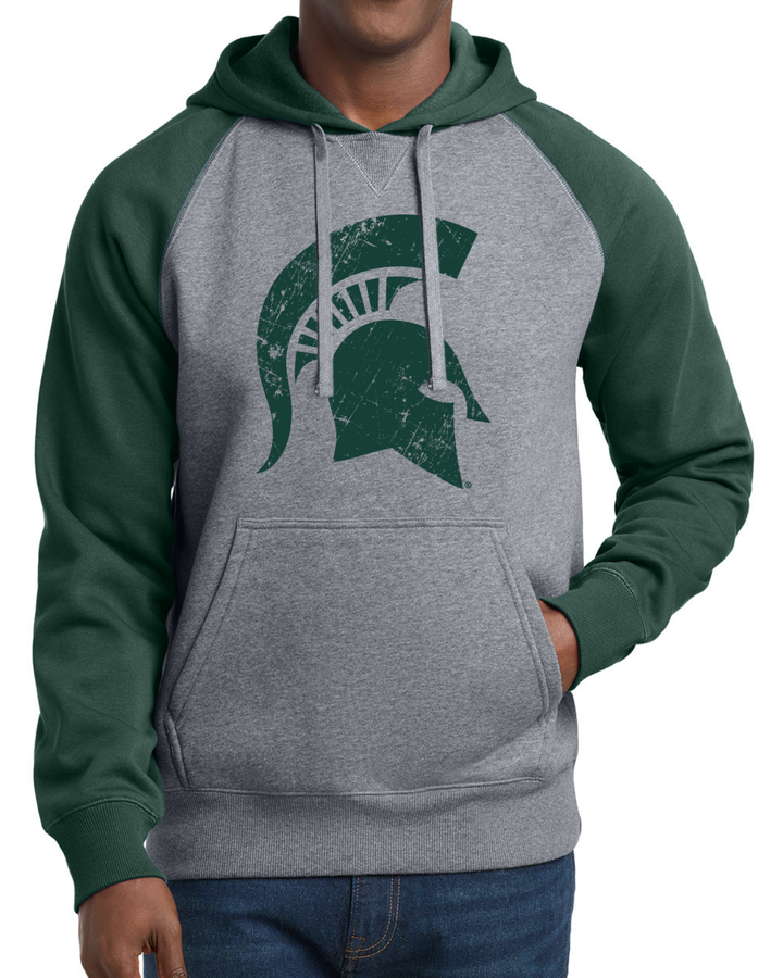 MSU Spartan Helmet Green and Grey Raglan Hoodie