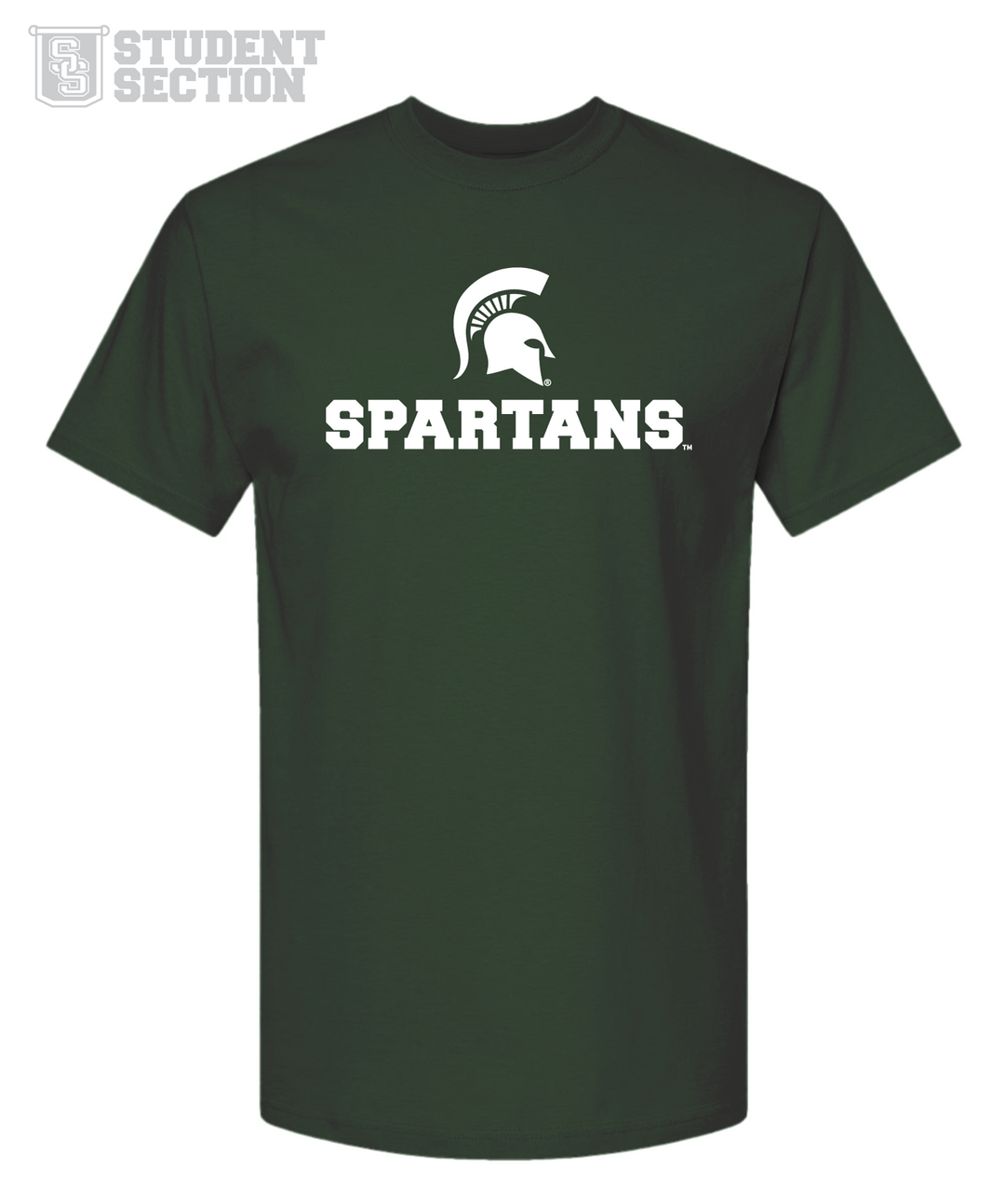 MSU fan t-shirt in dark green with bold white 'SPARTANS' text and Spartan helmet logo, perfect for Michigan State game day gear and college sports fans on white background