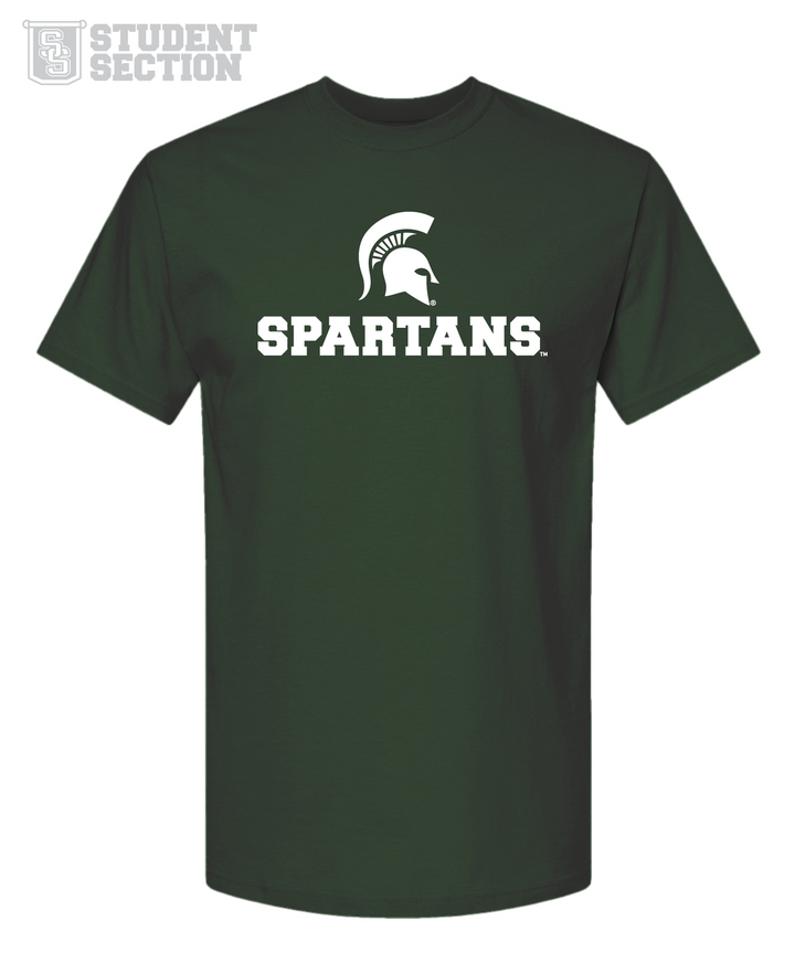 MSU fan t-shirt in dark green with bold white 'SPARTANS' text and Spartan helmet logo, perfect for Michigan State game day gear and college sports fans on white background