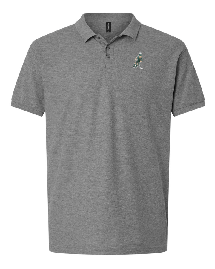Grey Michigan State polo with Sparty playing hockey on the left chest. 