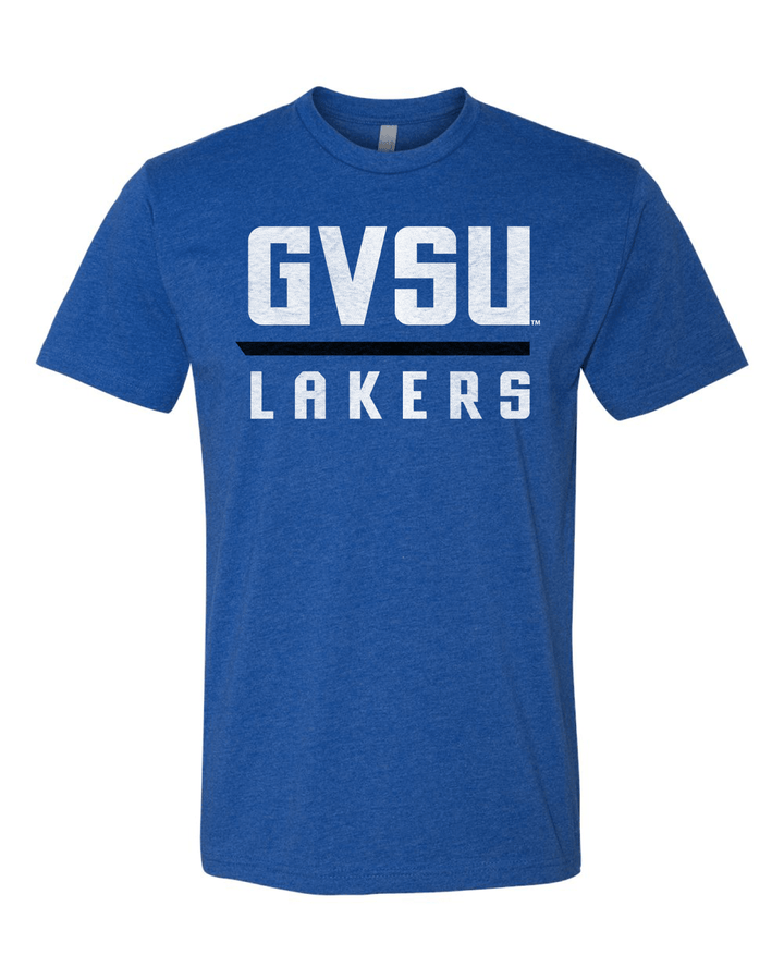 Blue Grand Valley State University Lakers shirt.