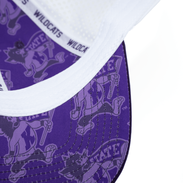 Close up view of Kansas State hat with custom Willie the Wildcat inside lining and bill.
