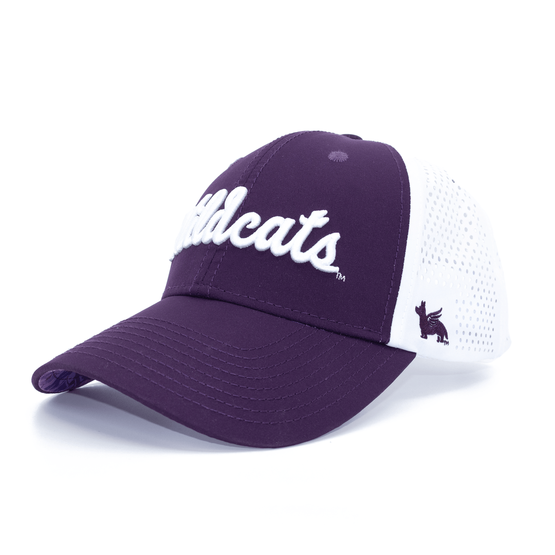 Angled view of purple and white Kansas State hat with Wildcats embroidered on the crown.