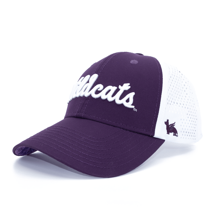 Angled view of purple and white Kansas State hat with Wildcats embroidered on the crown.