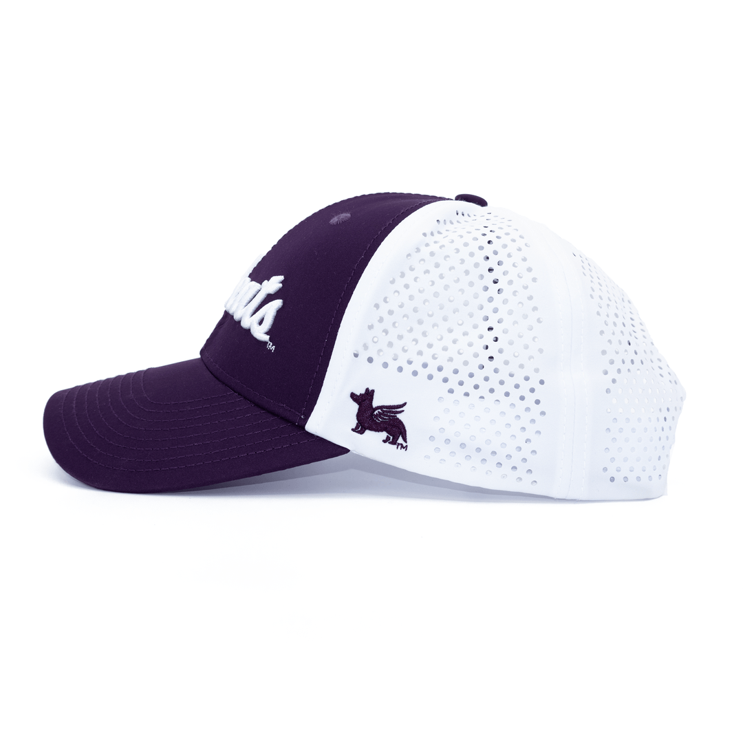 Left side view of purple and white Kansas State hat featuring Wildcats embroidered on the front.