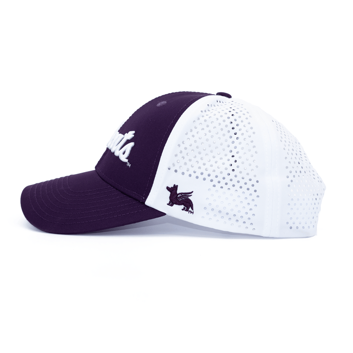 Left side view of purple and white Kansas State hat featuring Wildcats embroidered on the front.