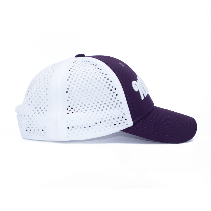 Right side view of purple and white Kansas State hat featuring embroidered "Wildcats" on the front.