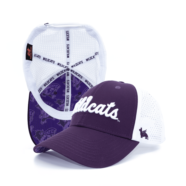 Purple Kansas State hat with 3D embroidered "Wildcats", custom Willie inside printing, and white laser cut panels. 