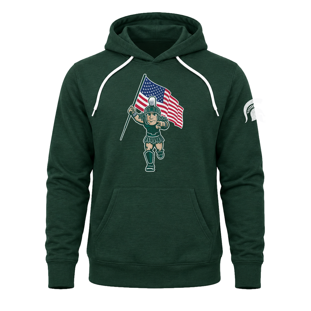 MSU Sparty with USA Flag Heather Green Hoodie