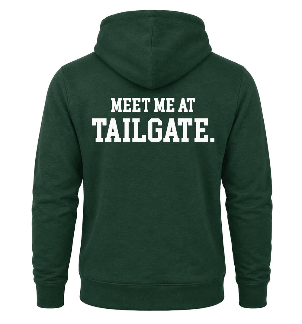 Green Michigan State sweatshirt hoodie with "Meet me at tailgate" across the chest. 