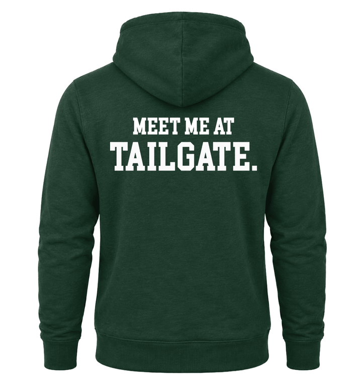 Green Michigan State sweatshirt hoodie with "Meet me at tailgate" across the chest. 